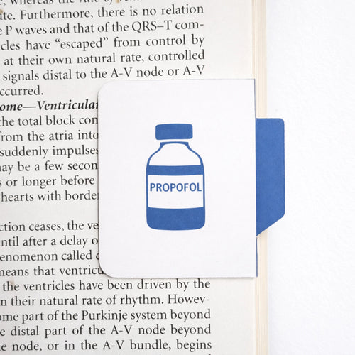 Blue Propofol medication vial icon on a professional magnetic medical bookmark for anesthesia residents and CRNAs.